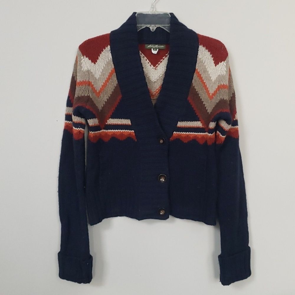 Y2K Eddie Bauer Sweater Women's MT Cardigan Navy Western Navajo Cabincore Cozy